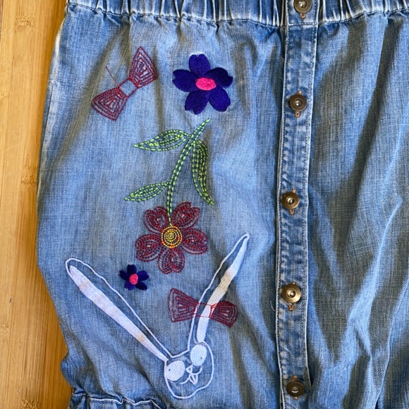 ScoLar Embroidered Blue Denim Romper Waist Elastic Women's M Bunny Flowers Cute! - Picture 3 of 13